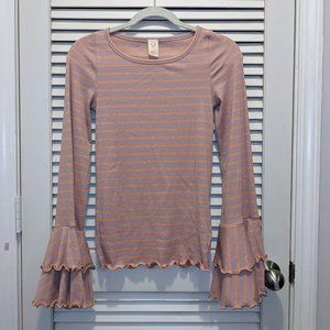 We The Free LS Top Lilac Salmon Stripes Ruffle Sleeve Boho Hipster Retro Small